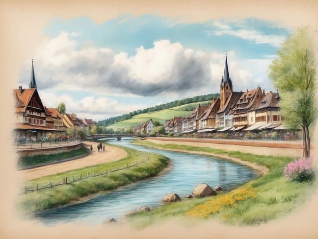 Eine malerische Landschaft mit einem sanft fließenden Fluss, der durch eine charmante Ortschaft führt. Auf der linken Seite sind mehrere historische Gebäude mit typischer Architektur zu sehen, darunter ein höheres Haus mit einem spitzen Turm. Am Ufer des Flusses stehen einige Bäume und bunte Blumen. Im Vordergrund spazieren zwei Personen auf einem Weg neben dem Fluss, während im Hintergrund sanfte Hügel unter einem teilweise bewölkten Himmel zu sehen sind. Wann sind die Osterferien in Nordrhein-Westfalen 2024.