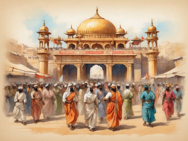 Auf dem Bild ist eine lebendige Szene zu sehen, die an einen geschäftigen Marktplatz oder ein kulturelles Fest erinnert. Im Vordergrund bewegen sich Menschen in traditionellen Gewändern, was auf eine multikulturelle Gesellschaft hindeutet.
Im Hintergrund erkennt man ein prächtiges Tor mit einer markanten goldenen Kuppel, das auf islamische Architektur hinweist. Es könnte sich um ein historisches Monument oder ein religiöses Gebäude handeln, das häufig als Treffpunkt für Feste und Versammlungen dient.
Diese Art von Kulisse ist typisch für bedeutende Feierlichkeiten, wie beispielsweise religiöse Feste, Heimatfeste oder Märkte, wo Besucher lokale Kunst, Handwerk und kulinarische Spezialitäten genießen können. Solche Veranstaltungen bieten eine Gelegenheit zur kulturellen Begegnung, zum Austausch und zur Stärkung der Gemeinschaft.