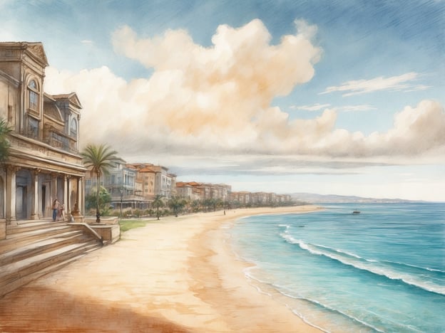 Das Bild zeigt eine malerische Küstenlandschaft mit einem Strand, an dem Häuser im kolonialen Stil stehen. Diese Art von Architektur erinnert an die Bauweise, die in vielen Küstenstädten der Ostküste der USA zu finden ist, wie in Newport, Rhode Island oder Savannah, Georgia.Die Ostküste hat eine reiche Geschichte, die von den ersten europäischen Siedlern, dem Aufstieg von Handel und Industrie sowie der Entwicklung der Freizeitkultur geprägt ist. Zunächst entdeckten und besiedelten Engländer, Franzosen und Spanier die Küstenregionen, und Städte wie Boston, New York und Philadelphia wurden zu wichtigen Handelszentren.Im 19. Jahrhundert erlebte die Ostküste eine Blütezeit des Tourismus, als wohlhabende Familien Begleitvillen an der Küste errichteten, um dem Stadtleben zu entfliehen. Diese Kombination aus natürlicher Schönheit, historischem Erbe und kultureller Vielfalt macht die Ostküste der USA zu einem faszinierenden Ort.Die Szene im Bild kann also auch als Spiegelbild dieser Geschichte betrachtet werden, indem sie die Anziehungskraft der Küstenlinie und der damit verbundenen Lebensweise darstellt.