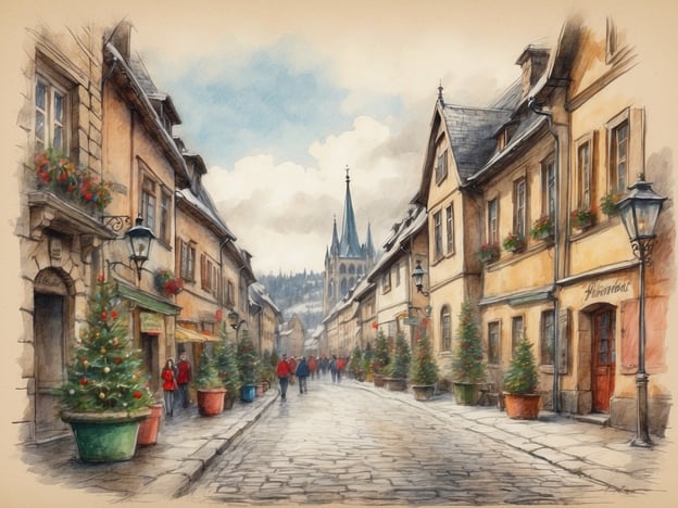 Ein malerischer Straßenabschnitt in einer alten Stadt, geschmückt mit Weihnachtsbaum-Pflanzen in großen Töpfen. Die Häuser sind im traditionellen Stil mit verzierten Fenstern und Balkonen. Menschen bewegen sich durch die Straße, einige tragen rote Kleidung. Im Hintergrund ragt ein hoher Kirchturm in den Himmel. Der Himmel ist leicht bewölkt, was eine festliche und gleichzeitig besinnliche Atmosphäre schafft. Wann sind die Weihnachtsferien in Rheinland-Pfalz 2024?