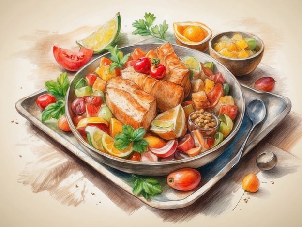 Auf dem Bild ist ein farbenfrohes Gericht zu sehen, das eine Vielfalt an frischen Zutaten präsentiert. Im Mittelpunkt steht ein Plato mit saftigen, grillierten oder gebratenen Fleischstücken, umgeben von einer bunten Mischung aus Obst und Gemüse. Dazu gehören Tomaten, Limetten, Orangen und verschiedene andere frische Zutaten, die eine lebendige kulinarische Vielfalt verkörpern.
Die Verwendung von saisonalem Gemüse und exotischen Früchten spiegelt nicht nur kulturelle Einflüsse wider, sondern betont auch die Freude am Essen und das Zusammenspiel von Aromen. Solche Gerichte sind oft ein Highlight in vielen Kulturen, da sie gesunde Nahrungsmittel mit verschiedenen Geschmäckern und Farben kombinieren. Zudem könnte die Präsentation in einem kulturellen Kontext als Festmahl für besondere Anlässe gedeutet werden, welches Gemeinschaft und Vielfalt zelebriert.