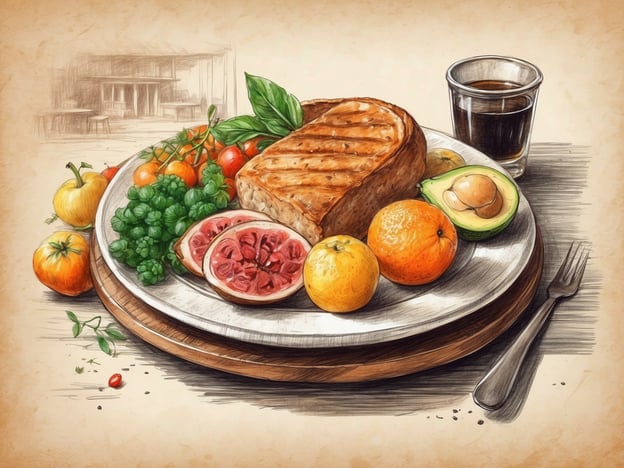 Auf dem Bild sieht man einen Teller mit einer Vielzahl kulinarischer Highlights: Gegrilltes Fleisch oder eine herzhafte vegetarische Pastete, umgeben von buntem Gemüse und frischem Obst. Es gibt grüne Blätter, verschiedene Tomaten und Zitrusfrüchte wie Orangen und eine Grapefruit. Dazu wird ein Glas mit einem dunklen Getränk präsentiert.
Bei einer Reise durch den Norden könnte dieses Gericht eine köstliche Fusion aus frischen, regionalen Zutaten darstellen, die oft in der nordischen Küche verwendet werden. Man könnte es mit einem saftigen Lachsfilet oder einem herzhaften Roggenbrot vergleichen, begleitet von saisonalen, bunten Salaten und frischen Früchten, die die Geschmäcker der Region hervorheben.