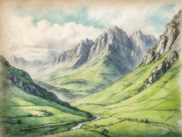 Auf dem Bild ist eine traumhafte Landschaft mit grünen Bergen und Tälern zu sehen. Die sanften Hügel verlaufen in eine bewaldete Bergkette, und ein kleiner Fluss schlängelt sich durch das Tal. Der Himmel ist teilweise bewölkt, was die friedliche und idyllische Atmosphäre des Anblicks unterstreicht.
Erkunde die grünen Berge des Baskenlands und Kantabriens, wo solch atemberaubende Landschaften die Naturfreunde und Wanderer anziehen. Die Region ist bekannt für ihre beeindruckenden Gebirgen und die üppige, grüne Flora.