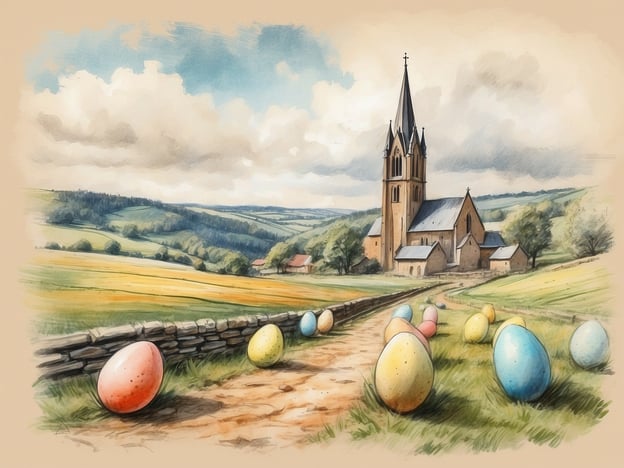 Eine malerische Landschaft mit sanften Hügeln und einer großen Kirche im Hintergrund. Vor der Kirche verläuft ein Feldweg, der von bunten Ostereiern in verschiedenen Farben gesäumt ist. Der Himmel ist leicht bewölkt und strahlt eine friedliche Atmosphäre aus, während die Kirche im gotischen Stil mit einem hohen Turm dominiert. Im Vordergrund sind mehrere Ostereier zu sehen, die in sanften Pastellfarben gestaltet sind.Wann sind die Osterferien im Saarland 2024?
