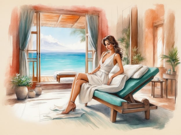 Auf dem Bild ist eine entspannende Umgebung zu sehen, die ideal für ein Wellness-Erlebnis ist. Eine Frau sitzt auf einer Liege in einem lichtdurchfluteten Raum, der einen traumhaften Blick auf das Meer bietet. Die Atmosphäre ist beruhigend, umgeben von Pflanzen und natürlichen Materialien.Diese Szenerie erinnert an verschiedene entspannende Behandlungen und Anwendungen, wie beispielsweise:1. **Massagen** – ideal zur Stressreduktion und Muskelentspannung.2. **Aromatherapie** – Nutzung von ätherischen Ölen zur Förderung des Wohlbefindens.3. **Gesichtsanwendungen** – Pflege für die Haut, die das Gesicht revitalisiert und erfrischt.4. **Entspannungsbäder** – warme Bäder, oft mit Zusätzen, die zur Beruhigung und Entspannung beitragen.Die Idylle und der Ausblick machen diese Umgebung perfekt für eine Auszeit vom Alltag.