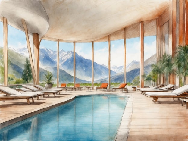 Auf dem Bild ist ein eleganter Innenbereich mit einem Pool zu sehen, umgeben von großen Fenstern, die einen Blick auf die Berge bieten. Diese Umgebung lädt zu verschiedenen Aktivitäten und Freizeitmöglichkeiten ein, wie zum Beispiel:1. **Entspannen am Pool**: Die Liegen bieten einen komfortablen Platz, um ein Buch zu lesen oder einfach die Aussicht zu genießen.2. **Schwimmen**: Der Pool lädt dazu ein, eine Runde zu schwimmen und sich zu erfrischen.3. **Wellness**: Diese Art von Raum eignet sich hervorragend für Wellness-Anwendungen wie Massagen oder Spa-Behandlungen.4. **Meditation oder Yoga**: Die ruhige Atmosphäre und die schöne Aussicht sind ideal für Meditation oder Yoga.5. **Geselligkeit**: Der Bereich bietet Platz für gesellige Zusammenkünfte mit Freunden oder Familie.In einer solch idyllischen Umgebung kann man sich wunderbar erholen und die Natur genießen.