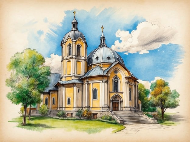 Auf dem Bild ist eine stilisierte Ansicht einer Kirche zu sehen, die architektonisch an historische Kirchenbauten erinnert. Kirchen haben in vielen Kulturen eine zentrale Bedeutung, oft sowohl als Orte der Anbetung als auch als Gemeinschaftszentren.In vielen Ländern sind Kirchen Schauplätze wichtiger kultureller und religiöser Veranstaltungen, wie Hochzeiten, Taufen und Feiertagsgottesdiensten. Zudem finden dort auch Konzerte und andere kulturelle Events statt, die die Gemeinschaft zusammenbringen.Die Gestaltung der Kirche, mit ihren charakteristischen Türmen und dem gewölbten Dach, kann auf einen bestimmten architektonischen Stil hinweisen, der in bestimmten Regionen verbreitet ist. Diese Stile sind oft mit spezifischen geschichtlichen Epochen verbunden und spiegeln die kulturelle Identität der Region wider.