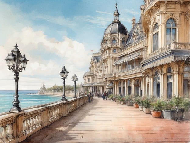 Auf dem Bild ist eine elegante Kurpromenade zu sehen, die sich am Ufer eines Meeres erstreckt. Die Architektur ist prächtig, mit großen Fenstern und verzierten Dächer, die den Glanz vergangener Epochen widerspiegeln. Die Promenade ist von Straßenlaternen gesäumt und von hohen Pflanzen in Töpfen umgeben. Am Ufer sieht man das glitzernde Wasser, das sanft gegen die Landkante schlägt. Menschen schlendern entlang der Promenade und genießen die Aussicht.Wenn wir an die Geschichte der Kurpromenade denken, erinnern wir uns an die Traditionen des Wohlstands und der Erholung, die mit diesen Orten verbunden sind. Kurpromenaden wurden oft als Rückzugsorte für erholungsuchende Gäste konzipiert, die hier ihre Gesundheit fördern und die frische Seeluft genießen wollten. Die Architektur und das Ambiente laden zum Flanieren ein und sind Symbol für kulturelle Lebensfreude und gesellschaftliches Zusammensein.