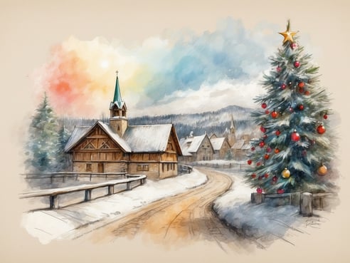 Eine Winterlandschaft mit einem verschneiten Dorf, in dem sich ein traditionelles, holzverziertes Haus und eine Kirche mit grünem Spitzdach befinden. Im Vordergrund steht ein üppiger Weihnachtsbaum, geschmückt mit bunten Kugeln und einer goldenen Spitze. Die Straße windet sich sanft durch die Szene, die von sanften Hügeln und schneebedeckten Bäumen umgeben ist. Der Himmel ist in pastelartigen Farben von blau und orange nuanciert. Wann sind die Weihnachtsferien in Sachsen 2024.