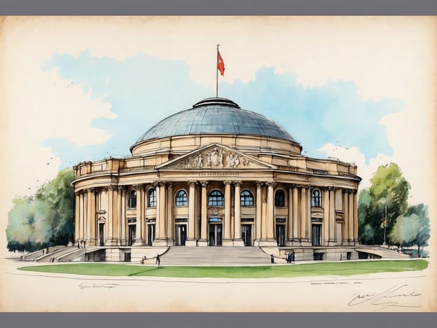 Auf dem Bild ist ein künstlerisches Konzept oder eine Zeichnung eines Gebäudes zu sehen, das architektonisch aufwändig gestaltet ist und möglicherweise eine kulturelle oder historische Bedeutung hat. Der Königsplatz, zu dem dieses Gebäude gehören könnte, ist in vielen Städten ein zentraler und symbolträchtiger Ort. Häufig sind dort wichtige Bauwerke, Museen oder andere kulturelle Institutionen angesiedelt, die das Stadtbild prägen und als Treffpunkt für die Bürger dienen.Kulturell betrachtet, symbolisiert der Königsplatz häufig den Stolz und die Geschichte einer Stadt. Er ist ein Ort des öffentlichen Lebens, wo Veranstaltungen, Feste oder Demonstrationen stattfinden, und trägt zur Identität der Stadt bei. Die Architektur in diesem Bereich spiegelt oft die Werte und den kulturellen Erbe des Landes wider.