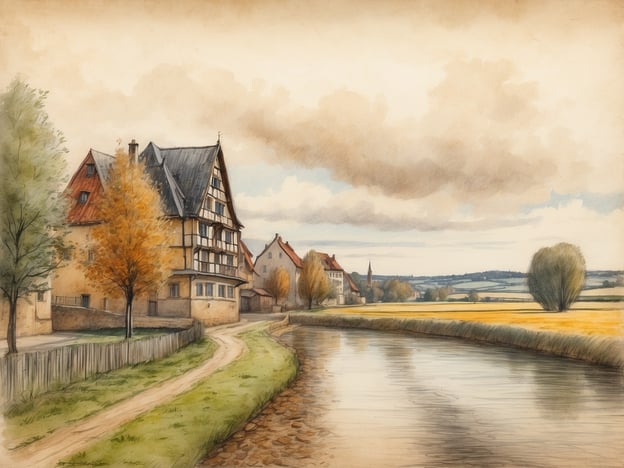 Eine malerische Landschaft mit einem kleinen Fluss, der durch das Bild fließt. Auf der linken Seite sind mehrere alte, mehrstöckige Häuser mit traditionellen Dächern zu sehen, umgeben von herbstlichen Bäumen, deren Blätter in warmen Gelb- und Orangetönen leuchten. Auf der rechten Seite erstreckt sich das offene Land mit sanften Hügeln im Hintergrund und einem bewölkten Himmel, der dem Bild eine ruhige und nostalgische Atmosphäre verleiht. In Sachsen-Anhalt beginnen die Herbstferien im Jahr 2024 am 21. Oktober und enden am 27. Oktober.
