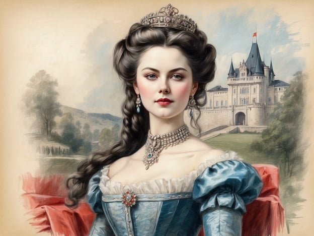 Auf dem Bild sieht man eine elegante Frau in historischer Kleidung, scheinbar inspiriert von der Figur der Kaiserin Elisabeth, auch bekannt als Sisi. Sie trägt eine prächtige Frisur und Schmuck, der an die Opulenz ihrer Zeit erinnert. Im Hintergrund ist ein majestätisches Schloss zu erkennen, das an Schloss Trauttmansdorff erinnert, wo die Kaiserin oft Zeit verbrachte, um sich zu erholen und die Schönheit der Natur zu genießen.Schloss Trauttmansdorff war ein wichtiger Rückzugsort für Sisi, der ihr half, den Druck des kaiserlichen Lebens zu entkommen. Die Gartenanlagen und die atemberaubende Aussicht der Umgebung boten ihr einen Ort der Inspiration und Entspannung.