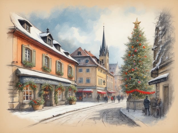 Eine malerische winterliche Stadtansicht zeigt eine schneebedeckte Straße zwischen historischen Gebäuden. Ein großer, geschmückter Weihnachtsbaum steht im Mittelpunkt, umgeben von festlich dekorierten Fenstern und Bäumen. Menschen spazieren gemütlich entlang der Straße, die mit dünnem Schnee bedeckt ist. Die Architektur zeigt warme Farbtöne und nostalgische Elemente, während in der Ferne Türme einer Kirche sichtbar sind. Die Szene strahlt eine besinnliche, festliche Atmosphäre aus, die typisch für die Weihnachtszeit ist. Die Weihnachtsferien in Sachsen-Anhalt 2024 beginnen am 23. Dezember und enden am 1. Januar.