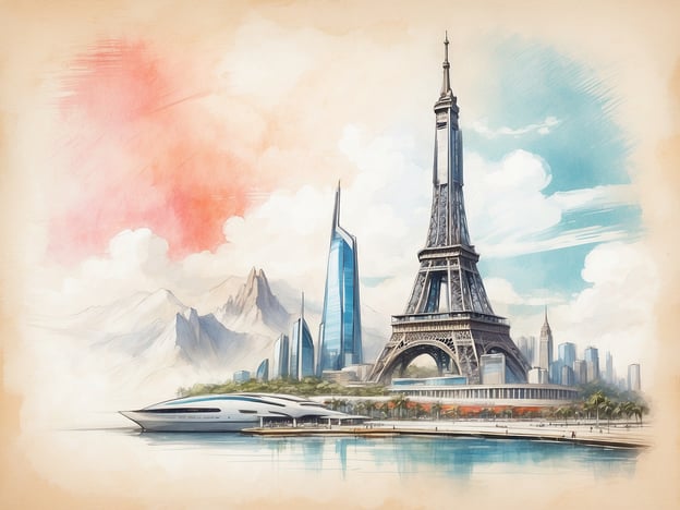 Auf dem Bild ist eine künstlerische Darstellung des Eiffelturms zu sehen, der ein ikonisches Wahrzeichen von Paris ist. Der Turm ist aus Metall und zeichnet sich durch sein filigranes, gitterartiges Design aus. Um ihn herum sind moderne Wolkenkratzer und futuristische Architektur zu erkennen, die einen Kontrast zur traditionellen Bauweise des Eiffelturms bilden.Im Vordergrund sieht man ein elegantes, modernes Schiff, das auf ruhigem Wasser schwimmt, sowie eine Uferpromenade. Die gesamte Szene wird von einem malerischen Himmel mit sanften Farbverläufen begleitet, was die Atmosphäre der Landschaft betont. Die Berge im Hintergrund und die Kombination aus historischer und zeitgenössischer Architektur verleihen dem Bild eine interessante Dynamik und spiegelt den Wandel in der urbanen Landschaft wider.