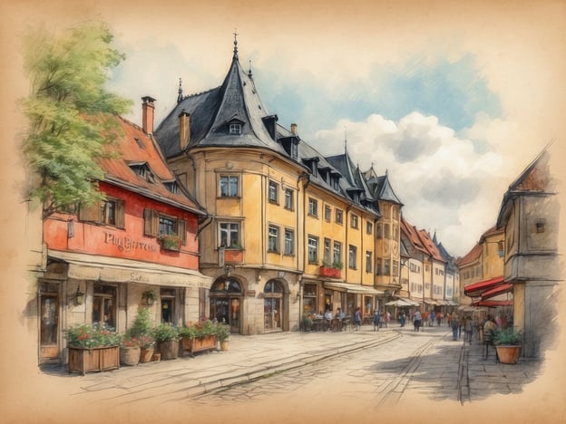 Das Bild zeigt eine malerische Straßenszene mit historischen Gebäuden in sanften Farben. Auf der linken Seite befindet sich ein rotes Gebäude mit einem beschrifteten Schild. Vor dem Haus sind Blumentöpfe aufgestellt. Die Straße ist von weiteren Gebäuden gesäumt, die unterschiedliche architektonische Stile aufweisen, darunter Höhlen mit Erkern und spitzen Dächern. Einige Fußgänger beleben die Szenerie, während der Himmel mit weißen Wolken geschmückt ist. Der gesamte Anblick vermittelt ein gemütliches und einladendes Ambiente in einer charmanten Stadt.Wann sind die Pfingstferien in Sachsen-Anhalt 2024?