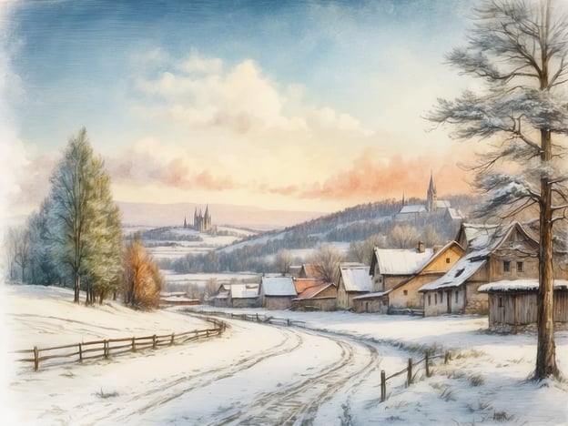 Eine winterliche Landschaft mit schneebedeckten Feldern und sanften Hügeln. Im Vordergrund schlängelt sich ein Weg durch die verschneite Umgebung. Auf der linken Seite stehen einige schlanke Bäume, von denen einer grün ist und der andere blattlos. Rechts sind traditionelle, rustikale Gebäude mit schneebedeckten Dächern zu sehen. Im Hintergrund erhebt sich eine hügelige Szenerie mit einem markanten kirchlichen Bau, der von weiteren Bäumen umgeben ist. Der Himmel ist in warmen Pastellfarben gefärbt, was auf den Sonnenuntergang hindeutet.Wann sind die Winterferien in Sachsen-Anhalt 2024?