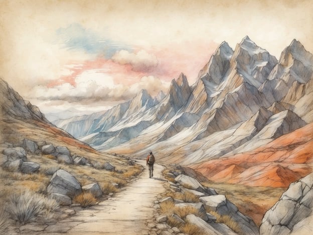 Auf dem Bild ist eine malerische Berglandschaft mit hohen Gipfeln und einem Wanderer zu sehen, der einen schmalen Weg entlanggeht. Die Szenerie vermittelt ein Gefühl von Ruhe und Weite.**Aktivitäten und Tipps:**1. **Wanderungen planen:** Nutze die Inspiration dieser Landschaft, um eine Wanderung in den Bergen zu planen. Informiere dich über lokale Wanderwege und ihre Schwierigkeitsgrade.2. **Naturfotografie:** Nimm eine Kamera mit, um die beeindruckende Natur festzuhalten. Die verschiedenen Lichtverhältnisse und Farben bieten tolle Fotomotive.3. **Pausen genießen:** Plane regelmäßige Pausen an landschaftlich schönen Punkten, um die Aussicht zu genießen und dich zu erholen.4. **Natur beobachten:** Halte Ausschau nach regionaler Flora und Fauna. Ein Fernglas kann helfen, Vögel und andere Tiere zu beobachten.5. **Entspannung im Freien:** Nutze die Zeit in der Natur, um zu meditieren oder ein Tagebuch zu führen und deine Erlebnisse festzuhalten.Genieße die Schönheit der Natur und die Zeit, die du im Freien verbringst!
