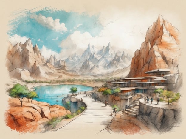 Auf dem Bild wird eine futuristische Landschaft dargestellt, in der Architektur und Natur harmonisch miteinander verbunden sind. In der Zukunft könnten ähnliche Orte geplant werden, wo Menschen in Einklang mit der Umwelt leben.Die Entwicklung könnte den Bau von nachhaltigen Wohnanlagen umfassen, die sich nahtlos in die natürliche Umgebung einfügen. Es gibt Möglichkeiten zur Integration von erneuerbaren Energiequellen, die die Bedürfnisse der Bewohner decken, während sie gleichzeitig die Schönheit der Umgebung bewahren.Zukünftige Pläne könnten auch Wege für Fußgänger und Radfahrer hervorheben, um die Erkundung der Landschaft zu fördern. Solche Entwicklungen könnten dazu beitragen, das Bewusstsein für Umweltschutz zu schärfen und ein Gefühl der Gemeinschaft zu schaffen, indem sie Räume für Begegnungen und Aktivitäten im Freien bieten.