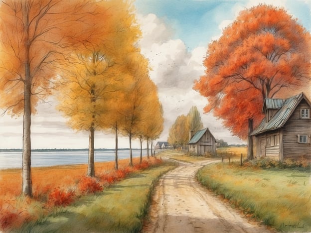 Eine malerische Landschaft im Herbst mit bunt gefärbten Bäumen in warmen Gelb- und Rottönen. Ein gewundener Feldweg führt entlang des Ufers eines Sees, in der Ferne sind einige Holzgebäude zu sehen. Der Himmel ist teils bewölkt, mit sanften blauen und grauen Tönen. Die Natur strahlt eine ruhige und friedliche Atmosphäre aus.Die Herbstferien in Schleswig-Holstein 2024 sind vom 7. Oktober bis zum 21. Oktober.