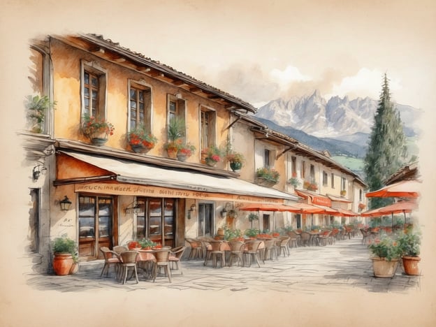 Auf dem Bild ist eine charmante Gasse mit bunten Blumen und Tischen in einem italienischen Restaurant zu sehen, umgeben von einer malerischen Berglandschaft.In Meran gibt es viele kulinarische Highlights, die man nicht verpassen sollte. Beispielsweise sind die traditionellen Südtiroler Gerichte wie Speck, Knödel und Apfelstrudel sehr beliebt. Auch die Weine aus der Region, besonders der Gewürztraminer, sind ein echtes Highlight. Lokale Spezialitäten wie die Kaiserschmarrn oder die feinen Schokoladenkreationen in kleinen Cafés runden das gastronomische Erlebnis ab.