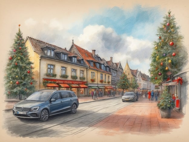 Eine festlich geschmückte Straße in einem städtischen Umfeld während der Weihnachtszeit. Auf beiden Seiten der Straße stehen große, geschmückte Weihnachtsbäume mit leuchtenden Kugeln. An den Gebäuden hängen weihnachtliche Dekorationen, und die Fenster sind mit Pflanzen geschmückt. Einige Menschen sind auf der Straße unterwegs, während die Fahrzeuge ruhig vorbeifahren. Die Atmosphäre wirkt einladend und festlich, mit einem klaren Himmel und einigen Wolken im Hintergrund.Die Weihnachtsferien in Schleswig-Holstein 2024 beginnen am 22. Dezember und enden am 6. Januar.