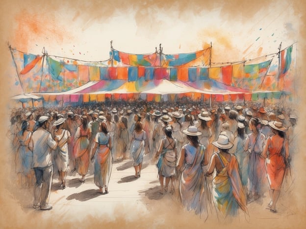 Auf dem Bild ist eine lebhafte Veranstaltung zu sehen, wahrscheinlich ein Festival oder eine Feier, bei der viele Menschen zusammenkommen. Die Besucher tragen helle Kleidung und Sommerhüte, was auf eine fröhliche Stimmung hinweist.Die bunten Tücher und Banner, die über den Bereich gespannt sind, schaffen eine festliche Atmosphäre. Solche kulturellen Veranstaltungen könnten Folklore-Feste, Märkte oder lokale Feste darstellen, bei denen traditionelle Tänze, Musik und Speisen gefeiert werden. Die Gemeinschaft und das Beisammensein stehen hier im Vordergrund, was typisch für viele kulturelle Ereignisse ist.