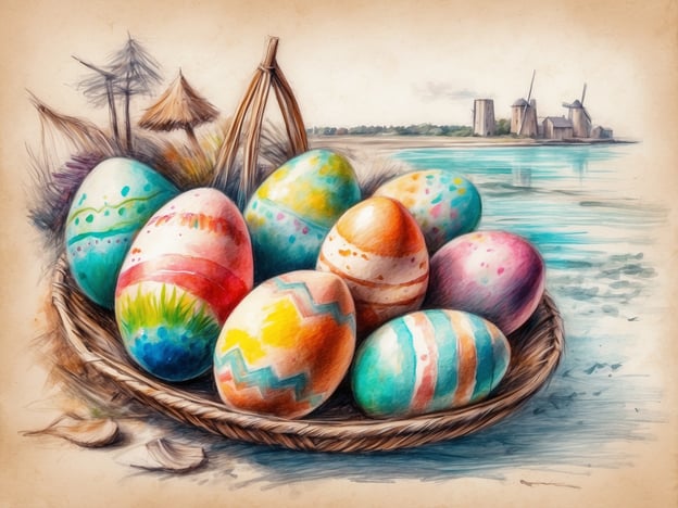 Ein geflochtenes Korb enthält bunt bemalte Ostereier in verschiedenen Farben und Mustern. Im Hintergrund ist eine ruhige Wasserlandschaft mit Windmühlen und Bäumen zu sehen. Die Szene vermittelt eine fröhliche und festliche Osterstimmung. Wann sind die Osterferien in Schleswig-Holstein 2024.