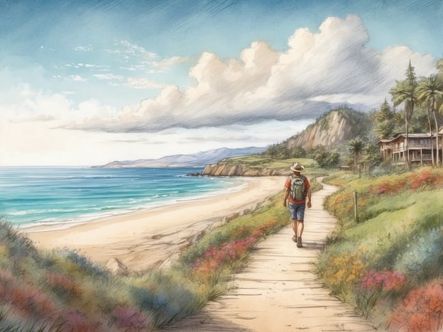 Auf dem Bild ist eine malerische Küstenlandschaft zu sehen, in der eine Person auf einem Gehweg am Strand entlanggeht. Es gibt viele Aktivitäten und Erholungsmöglichkeiten, die man in dieser Umgebung genießen kann:1. **Wandern**: Der Gehweg lädt zu einem entspannten Spaziergang oder einer Wanderung entlang der Küste ein.2. **Strandbesuche**: Der breite, einladende Strand eignet sich hervorragend zum Sonnenbaden, Schwimmen oder einfach nur zum Entspannen am Meer.3. **Fotografieren**: Die schöne Landschaft mit dem Meer, den Bergen und den bunten Blumen bietet viele Möglichkeiten für großartige Fotos.4. **Picknicken**: Man könnte sich einen Platz am Strand suchen und ein Picknick genießen, um die Natur zu erleben.5. **Vogelbeobachtung**: In dieser Umgebung gibt es wahrscheinlich diverse Vogelarten, die man beobachten kann.Diese Aktivitäten bieten eine perfekte Möglichkeit, die Natur zu genießen und sich zu entspannen.