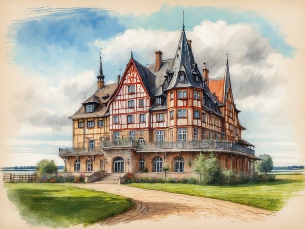 Ein elegantes, historisches Gebäude mit rot-weißer Fachwerkfassade und mehreren Türmen steht vor einem grünen Rasen. Die Architektur ist reich verziert, mit hohen Fenstern und verschiedenen Dächern. Der Himmel ist teilweise bewölkt mit sanften Wolken und einem Hauch von Blau. Um das Gebäude herum sind bunte Blumenbeete und gut gepflegte Pflanzen zu sehen, die eine einladende Atmosphäre schaffen. Im Vordergrund führt ein ausgelegter Weg zum Eingang des Hauses. Wann sind die Pfingstferien in Schleswig-Holstein 2024?