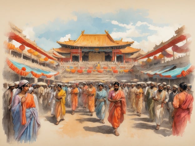 Auf dem Bild ist eine lebhafte Marktszene oder eine Feierlichkeit in einem traditionellen asiatischen Kontext zu sehen. Menschen in farbenfrohen Gewändern bewegen sich durch einen Platz, der von bunten dekorativen Elementen umgeben ist.Die kulturelle Bedeutung könnte auf eine religiöse oder festliche Veranstaltung hinweisen, wie z. B. ein Erntedankfest oder ein wichtiges religiöses Ritual, das in vielen asiatischen Kulturen gefeiert wird. Diese Art von Veranstaltungen bringt Gemeinschaften zusammen und feiert oft lokale Traditionen, Lebensmittel und Bräuche. Der Einsatz von lebhaften Farben und die Darstellung von Menschen in traditionellen Kleidungen verstärken die kulturelle Identität und zeigen die Freude und den Zusammenhalt der Gemeinschaft.