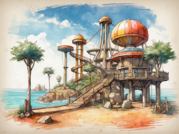 Auf dem Bild ist ein fantasievolles Gebäude zu sehen, das an einen Freizeitpark oder ein Abenteuerland erinnert. Es gibt mehrere Ebenen mit bunten Elementen sowie eine Treppe, die zum Wasser führt. Diese Kulisse eignet sich perfekt für Familienaktivitäten wie:1. **Wasseraktivitäten**: Die Nähe zum Wasser lädt ein zu Schwimmen, Spielen am Strand oder Bootsausflügen.2. **Entdeckungstouren**: Kinder und Erwachsene können das Gelände erkunden und Abenteuer erleben.3. **Picknicks**: Die Strandnähe ist ideal für ein gemeinsames Picknick im Freien.4. **Spiele**: Familien können Spiele im Freien spielen, wie zum Beispiel Frisbee oder Sandburgenbauen.Solche Erlebnisse stärken den Familienzusammenhalt und machen Spaß!