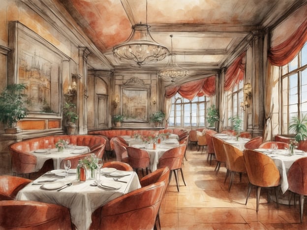 Auf dem Bild ist ein elegantes Restaurant zu sehen. Es verfügt über gemütliche, ovale Sitzgelegenheiten in einem warmen Rotton und schön eingedeckte Tische mit weißen Tischdecken. Die Einrichtung ist stilvoll, mit großen Fenstern, die viel Tageslicht hereinlassen, und nostalgischen Gemälden an den Wänden.Dieses Ambiente bietet sich hervorragend für eine Einkehr bei einem feinen Essen an und könnte auch die ideale Kulisse für ein romantisches Dinner oder besondere Anlässe sein. Zudem besteht die Möglichkeit, in der Nähe Übernachtungen zu buchen, um den Abend entspannt ausklingen zu lassen und die Annehmlichkeiten des Restaurants voll auszukosten.