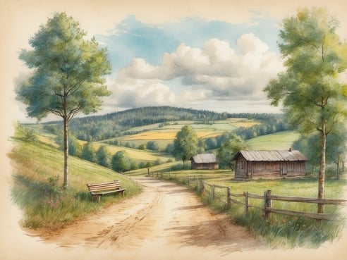 Eine malerische Landschaft mit sanften Hügeln und einem gewundenen Weg, der durch grüne Wiesen führt. Auf der linken Seite steht eine Holzbank unter einem Baum. Im Hintergrund sind mehrere kleine, einfache Holzhäuser zu sehen, umgeben von Bäumen. Der Himmel ist teilweise bewölkt mit einigen hellen Wolken, die über die Landschaft ziehen. Die Szenerie strahlt Ruhe und Idylle aus. Wann sind die Sommerferien in Thüringen 2024.