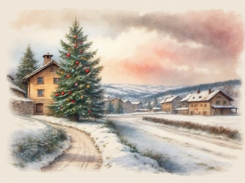 Eine idyllische Winterlandschaft mit einem schneebedeckten Weg, der an einem gelblichen Haus vorbeiführt. Neben dem Haus steht ein prächtig geschmückter Weihnachtsbaum mit bunten Kugeln. Im Hintergrund erstrecken sich weitere Häuser und sanfte Hügel, die in der winterlichen Atmosphäre gehüllt sind. Der Himmel zeigt eine sanfte Dämmerung mit Pastellfarben, die eine gemütliche Stimmung erzeugen. Die Szene strahlt Ruhe und festliche Vorfreude aus und passt perfekt zur Weihnachtszeit. Wann sind die Weihnachtsferien in Thüringen 2024?