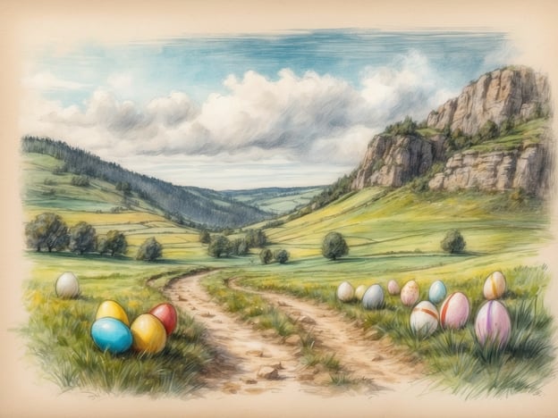 Eine malerische Landschaft zeigt einen Weg, der durch grüne Wiesen führt, umgeben von sanften Hügeln und einem hügeligen Gelände. Im Vordergrund liegen bunte Ostereier in verschiedenen Farben, darunter Gelb, Blau, Rot und Weiß. Die Szenerie wird von einem strahlend blauen Himmel mit wenigen Wolken geziert. Diese friedliche und fröhliche Frühlingslandschaft evoziert den Geist von Ostern. Die Osterferien in Thüringen 2024 sind vom 25. März bis 7. April.