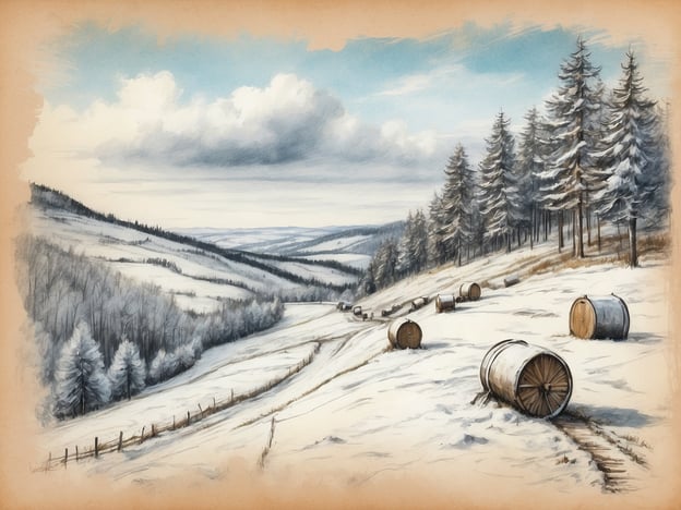 Eine winterliche Landschaft mit schneebedeckten Hügeln und Bäumen ist zu sehen. In der Ferne erstrecken sich die sanften Konturen von Bergen unter einem leicht bewölkten Himmel. Auf dem Boden liegen mehrere Holzfässer, die zum Teil im Schnee vergraben sind. Eine schneebedeckte Wegführung verläuft durch die Szenerie und wird von einem Holzlattenzaun gesäumt. Die Farbtöne sind sanft und vermitteln eine ruhige, friedliche Atmosphäre.Wann sind die Winterferien in Thüringen 2024?