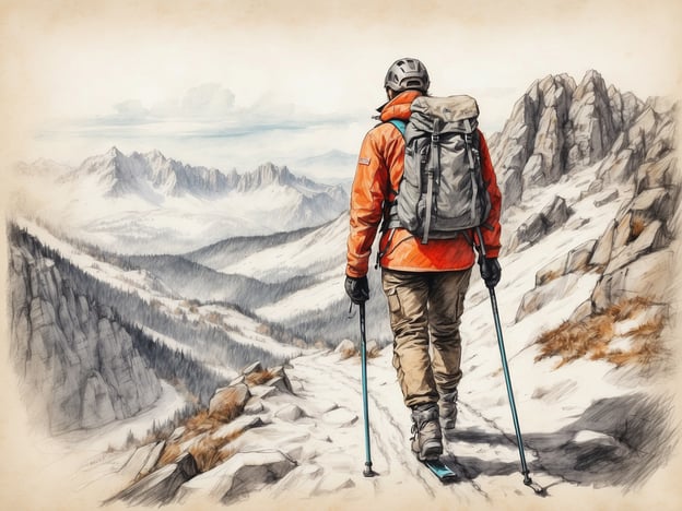 Eine Person in einem orangefarbenen Jacket mit Rucksack wandert auf einem schneebedeckten Pfad in den Bergen, umgeben von majestätischen Berglandschaften. Im Hintergrund sind hohe, schneebedeckte Gipfel und bewaldete Täler sichtbar. Die Szene vermittelt eine ruhige und beeindruckende Naturlandschaft, ideal für Wanderungen und Erkundungen im Harz.
