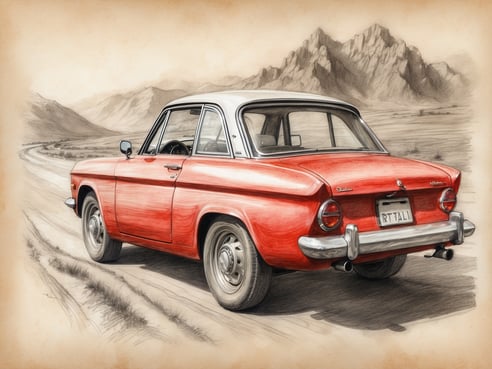 Ein rotes Auto steht auf einer kurvenreichen Straße, umgeben von Bergen. Der Himmel ist klar und die Landschaft wirkt trocken. Das Auto hat einen klassischen Stil mit unverwechselbaren Linien und einem abgerundeten Heck. Die Straße zieht sich in die Ferne und vermittelt ein Gefühl von Abenteuer und Freiheit. Wie lange dauert die Fahrt nach Italien?