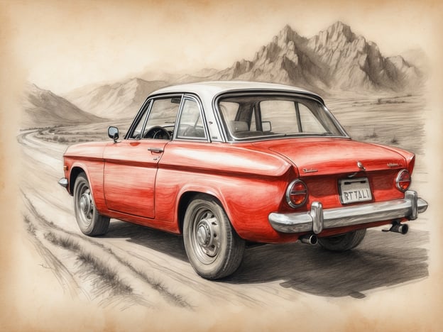 Ein rotes Auto steht auf einer kurvenreichen Straße, umgeben von Bergen. Der Himmel ist klar und die Landschaft wirkt trocken. Das Auto hat einen klassischen Stil mit unverwechselbaren Linien und einem abgerundeten Heck. Die Straße zieht sich in die Ferne und vermittelt ein Gefühl von Abenteuer und Freiheit. Wie lange dauert die Fahrt nach Italien?