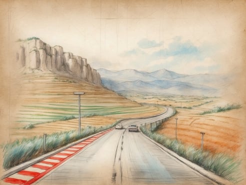 Eine kurvenreiche Straße führt durch eine malerische Landschaft in Italien. Auf der linken Seite erhebt sich ein steiler Hang mit beeindruckenden Felsen. Die rechte Seite zeigt sanfte Hügel und Felder, die in verschiedenen Grüntönen gestaltet sind. Am Straßenrand sind Verkehrszeichen und einige Lichtmasten zu sehen. Zwei Autos fahren auf der Straße. Die Atmosphäre wirkt friedlich und einladend, ideal für eine entspannte Fahrt. In Italien beträgt die Höchstgeschwindigkeit auf Autobahnen in der Regel 130 km/h.