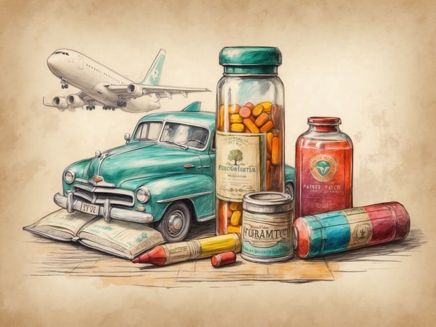 Auf dem Bild sind verschiedene Elemente zu sehen, die mit Reisen und einer Reiseapotheke zu tun haben. Zu erkennen sind ein Flugzeug, ein altes Auto und mehrere Fläschchen mit Medikamenten sowie einige Stifte und ein aufgeschlagenes Buch.Um eine Reiseapotheke richtig zusammenzustellen, sollte man folgende Punkte berücksichtigen:1. **Medikamente gegen Schmerzen und Fieber**: Zum Beispiel Paracetamol oder Ibuprofen.2. **Mittel gegen Übelkeit und Reiseübelkeit**: Wie Dimenhydrinat.3. **Wund- und Heilsalzen**: Zur Behandlung von kleineren Verletzungen.4. **Desinfektionsmittel**: Für hygienische Maßnahmen.5. **Antihistaminika**: Gegen Allergien oder Heuschnupfen.6. **Mittel gegen Durchfall**: Zum Beispiel Loperamid.7. **Verbandmaterial**: Für kleinere Verletzungen.8. **Reiseimpfungen**: Je nach Reiseziel.Es ist wichtig, die Reiseapotheke je nach persönlichen Bedürfnissen und Reiseziel anzupassen.