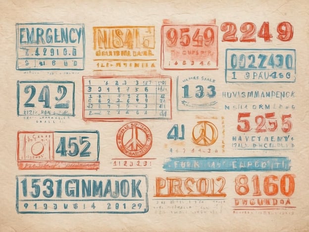 Auf dem Bild sind verschiedene Zahlen und Buchstabenkombinationen zu sehen, die an Stempel oder Nummernschilder erinnern. Einige Elemente scheinen Buchstaben und Ziffern in unterschiedlicher Anordnung zu zeigen, während andere Symbole wie ein Friedenzeichen zu erkennen sind. Es gibt auch das Wort "EMERGENCY", was auf einen Notfall hinweist.In einem Ernstfall ist es wichtig, die richtigen Notfallnummern zu kontaktieren, die je nach Land variieren können. In Deutschland beispielsweise können Sie:- Polizei: 110- Feuerwehr/ Rettungsdienst: 112- Lebensberatung: 08000 11 10 11Diese Nummern sollten in Notfällen gewählt werden. Bleiben Sie sicher!