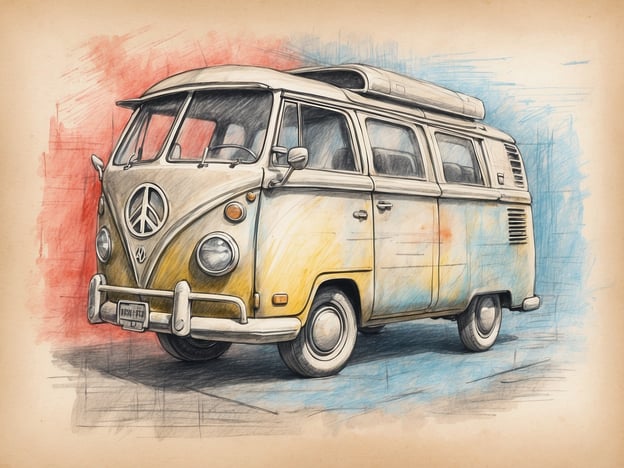 Auf dem Bild ist eine illustration eines alten VW-Busses zu sehen, der in Gelb und anderen Farben gestaltet ist. Er hat ein markantes Design und einen charakteristischen Frieden Symbol.Eine Reisehaftpflichtversicherung ist eine Versicherung, die Schutz bietet, falls im Ausland Schaden verursacht wird, sei es an Dritten oder deren Eigentum. Diese Versicherung kann wichtig sein, um finanzielle Risiken während einer Reise abzusichern.