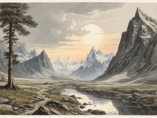 Auf dem Bild ist eine beeindruckende Landschaft zu sehen. Im Vordergrund verläuft ein schmaler Pfad entlang eines Gewässers, das ruhig zwischen Felsen und Grasflächen fließt. Links erhebt sich ein großer Baum, der der Szene eine natürliche Tiefe verleiht.Im Hintergrund dominieren majestätische Berge, deren Gipfeln teilweise mit Schnee bedeckt sind. Der Himmel strahlt in sanften Farbnuancen von Orange und Grau, während die Sonne gerade aufgeht oder untergeht. Diese Komposition vermittelt ein Gefühl von Ruhigkeit und natürlicher Schönheit, das typisch für romantische Landschaftsmalerei ist.