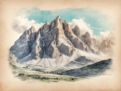 Eine majestätische Berglandschaft mit schroffen Gipfeln und sanften Hängen ist zu sehen. Die Berge sind teils von Wolken umgeben und erstrahlen in unterschiedlichen Brauntönen, während der Himmel in sanften Blau- und Weißtönen leuchtet. Im Vordergrund sind vereinzelte Bauernhäuser in einer weitläufigen grünen Wiese sichtbar. Südtirol gehört seit 1919 zu Italien.