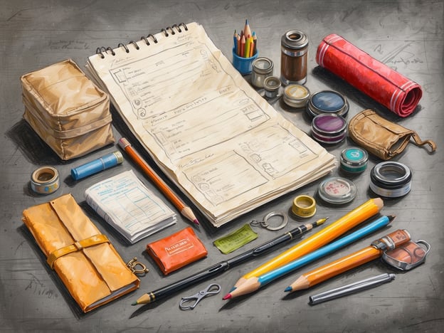 Auf dem Bild sind verschiedene Gegenstände zu sehen, die häufig auf einer Reise benötigt werden. Hier ist eine mögliche Packliste für die Reise, basierend auf den abgebildeten Items:
1. **Notizbuch** – Um Gedanken, Reisepläne oder Erlebnisse festzuhalten.
2. **Stifte und Bleistifte** – Zum Schreiben und Zeichnen.
3. **Kleber oder Korrekturband** – Für kleine Reparaturen bei Dokumenten.
4. **Taschenlampe** – Nützlich für nächtliche Erkundungen oder in dunklen Unterkünften.
5. **Karten und Unterlagen** – Für die Navigation und Planung.
6. **Kameraobjektive** – Falls du Fotos machen möchtest.
7. **Verpackte Snacks** – Essenzielle Nahrung für unterwegs.
8. **Kleine Aufbewahrungsbeutel** – Für persönliche Dinge oder Technikzubehör.
9. **Zubehör (z. B. Schlüsselanhänger)** – Praktisch für die Organisation.
Diese Liste wird helfen, gut vorbereitet auf Reisen zu gehen!
