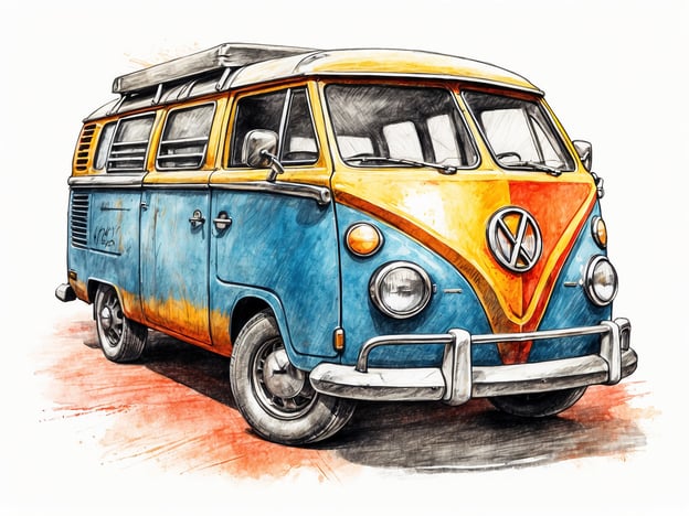 Auf dem Bild ist ein Volkswagen Bulli (VW Bus) zu sehen, der durch sein farbenfrohes Design auffällt. Der Bulli ist ein ikonisches Fahrzeug, das oft mit Freiheit und Camping verbunden wird.Besondere Ausstellungen und Veranstaltungen, die sich mit Oldtimern oder klassischen Autos beschäftigen, könnten eine hervorragende Gelegenheit bieten, solche Fahrzeuge zu bewundern. Es könnte beispielsweise Messen für Oldtimer, spezielle Ausstellungen über die Geschichte des VW Busses oder Veranstaltungen von Automobilclubs geben, die sich dem Erhalt und der Feier solcher Klassiker widmen. In diesen Rahmen könnten auch Diskussionen über die kulturelle Bedeutung und den Einfluss des VW Busses auf das Reisen und die Freiheit stattfinden.