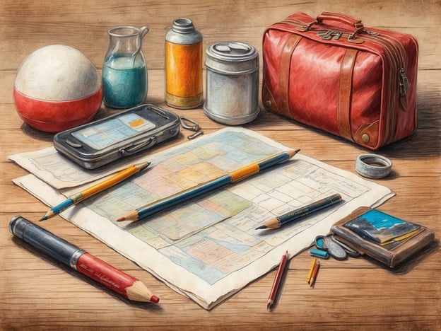 Auf dem Bild sind verschiedene Gegenstände zu sehen, die auf eine Reise oder Planung hindeuten. Hier ist eine Packliste, die basierend auf den abgebildeten Elementen erstellt werden kann:1. **Reisetasche** (rote Tasche)2. **Wasserflasche** (Glasbehälter)3. **Farbdosen** (eine blau, eine orange)4. **Globuselement** (Weltkugel)5. **Karten** (Papier mit Karten)6. **Schreibutensilien** (Bleistifte, Kugelschreiber)7. **Notizbuch oder Notizblock**8. **Handy oder Smartphone** (in der Hülle)9. **Schlüssel** (Schlüsselanhänger oder separate Schlüssel)10. **Geldbörse** (mit Geld oder Karten)Diese Liste könnte nützlich sein, um sicherzustellen, dass man für eine Reise oder ein Abenteuer gut vorbereitet ist.
