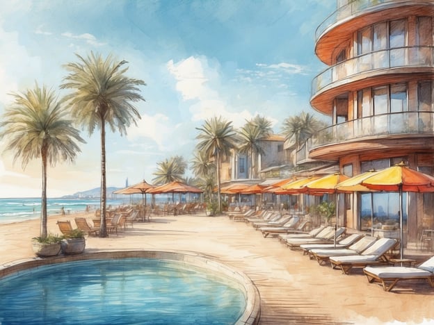 Auf dem Bild ist eine wunderschöne Strandlandschaft zu sehen. Im Vordergrund befindet sich ein klarer Pool mit blauen Wasser, der an eine Terrasse grenzt. Die Terrasse ist mit modernen Liegen ausgestattet, die zum Entspannen einladen.Um den Pool stehen große, dekorative Töpfe mit Pflanzen. An der Strandlinie sieht man mehrere Palmen, die für ein tropisches Ambiente sorgen.Im Hintergrund sind schattenspendende Sonnenschirme mit orangefarbenen Markisen, unter denen Liegestühle stehen. Die Küstenlinie endet, wo das sanfte Meer zu sehen ist, und am Horizont sind einige Menschen, die im Wasser planschen.Die Architektur des Gebäudes im Hintergrund ist modern mit großen Fenstern, die die Aussicht auf den Strand und das Meer ermöglichen, und die gesamte Szenerie strahlt eine entspannte Urlaubsatmosphäre aus. Der Himmel ist klar mit einigen Wolken, was auf schönes Wetter hinweist.