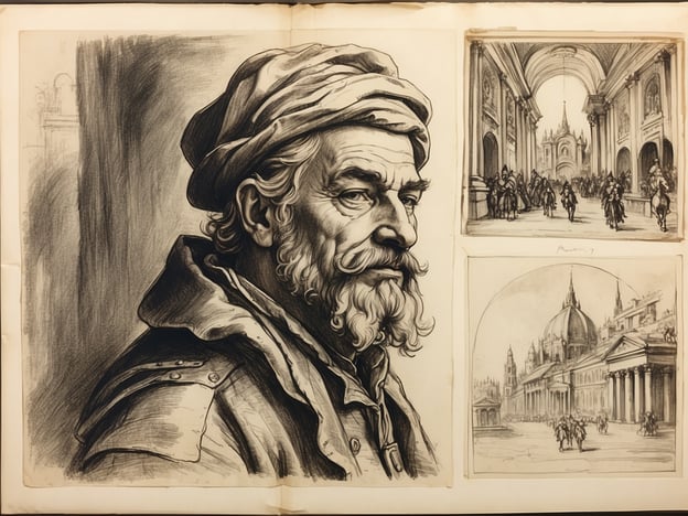 Auf dem Bild sind verschiedene künstlerische Darstellungen zu sehen, darunter ein Porträt eines alten Mannes mit Bart sowie zwei architektonische Skizzen. Die linke Seite zeigt das Gesicht des Mannes, während die oberen und rechte Seite die Perspektiven oder Entwürfe von Gebäuden darstellen.Im Kontext der Alten Pinakothek könnte das Porträt symbolisch für die Verbindung von Kunst und Geschichte stehen, da die Einrichtung Werke von Meistermalern beherbergt und oft solche klassischen Darstellungen reflektiert. Die Architektur könnte ebenfalls auf die prunkvollen Ausstellungen und den Raum der Pinakothek selbst hinweisen, der Kunstwerke in einem historischen und kulturellen Rahmen präsentiert.